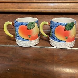 4 Ceramic Coffee Cups Embossed with Fruit in Bright Oranges, Yellows & Blues!